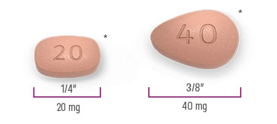 Image of NOURIANZ® (istradefylline) dose strengths with ¼" 20 mg pill and ⅜" 40 mg pill